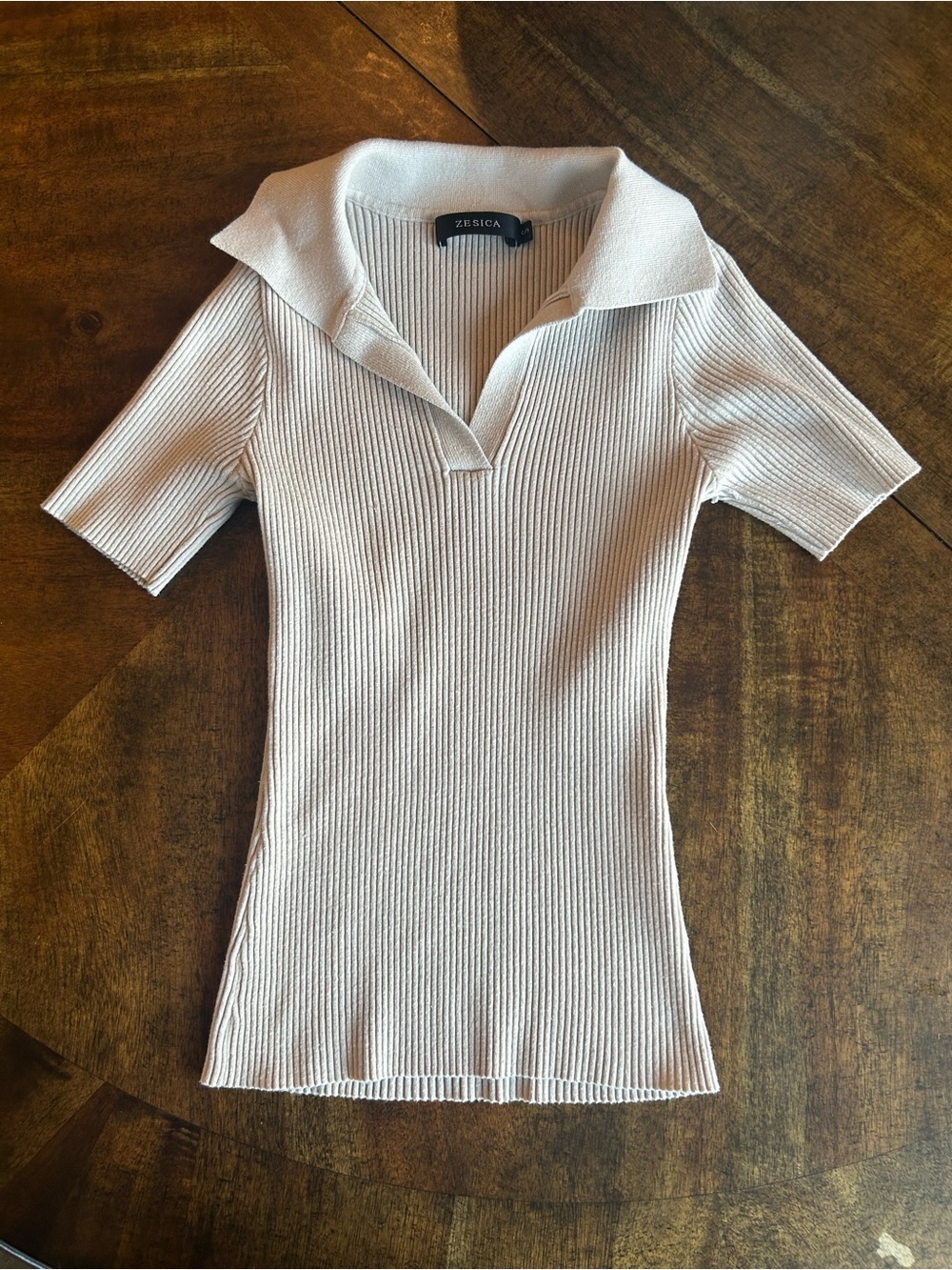 Cream Ribbed Short-Sleeve Polo Knit Top
